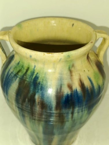 ancien vase/ pot emaillé multicouleur à anse en bon etat