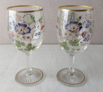 Antique footed glass, decorated with flowers and enamel monograms, Legras