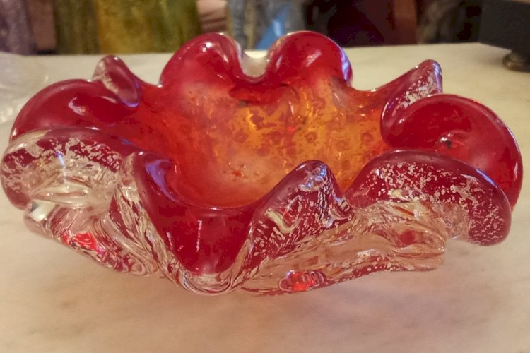 Ancien Vide Poche Cendrier Coupe Coupelle Forme Fleur Verre Murano Italie