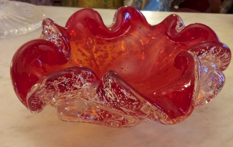 Ancien Vide Poche Cendrier Coupe Coupelle Forme Fleur Verre Murano Italie