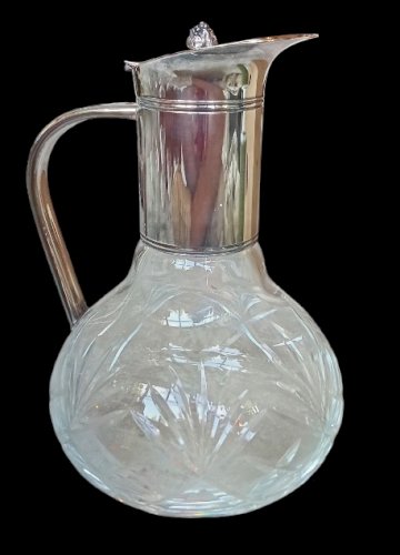 Ancienne Aiguière Carafe Cristal Métal Argenté Fleuron Empire Art De La Table