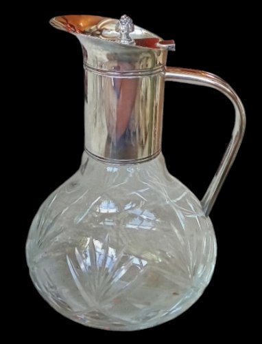 Ancienne Aiguière Carafe Cristal Métal Argenté Fleuron Empire Art De La Table