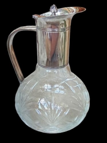 Ancienne Aiguière Carafe Cristal Métal Argenté Fleuron Empire Art De La Table