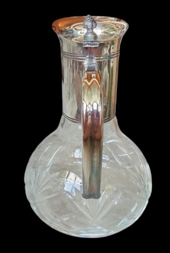 Ancienne Aiguière Carafe Cristal Métal Argenté Fleuron Empire Art De La Table