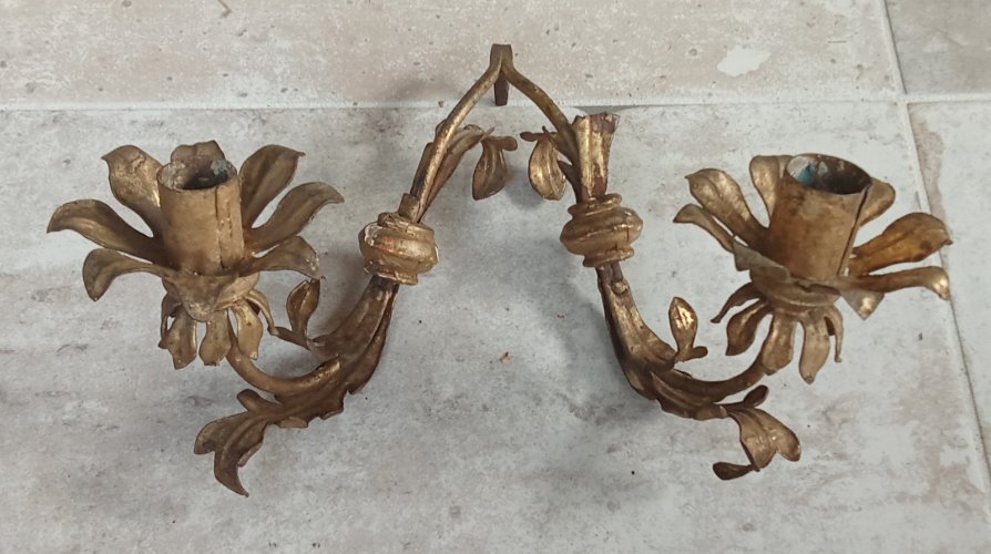 Ancienne Applique Fer Forgé Doré 19 Ème Antique Gold Wrought Iron Wall Lamp