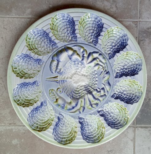 Ancienne Assiette Ancien Plat Crustacés Huîtres Sarreguemines France Barbotine