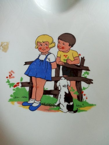 Ancienne assiette d enfant à bouillie chauffante porcelaine Salins Old kid plate