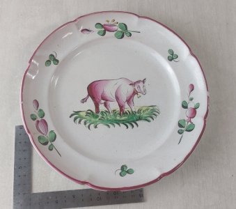 Old plate, cow décor on terrace, Les Islettes / earthenware from the East