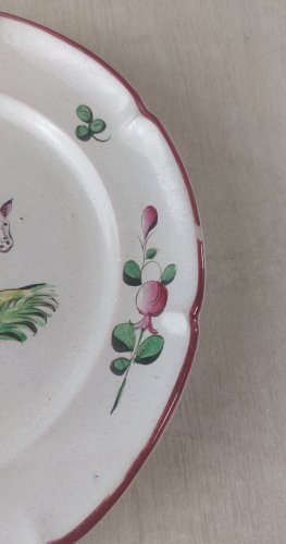 Ancienne assiette, décor vache sur terrasse, Les Islettes / faïence de l'Est ^