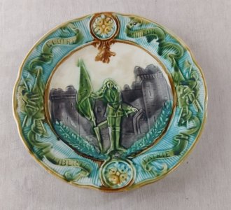 Antique majolica plate, Jeanne d'Arc decoration, Onnaing