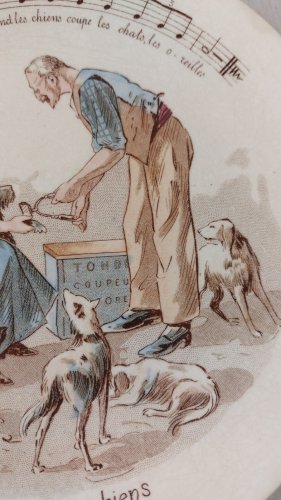 Ancienne assiette parlante, les cris de la rue, en céramique de Sarreguemines ^