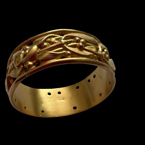 Ancienne Bague Alliance D’époque Art Nouveau Unisexe Marque Fix 61,5 FR Feuille