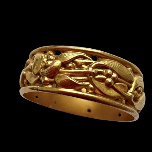 Ancienne Bague Alliance D’époque Art Nouveau Unisexe Marque Fix 61,5 FR Feuille