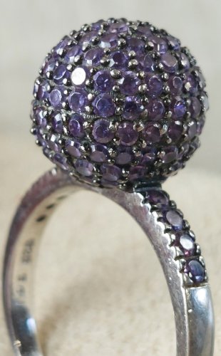 Ancienne bague, boule / sphère améthyste, en argent massif ^
