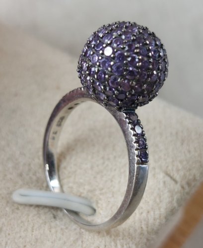 Ancienne bague, boule / sphère améthyste, en argent massif ^
