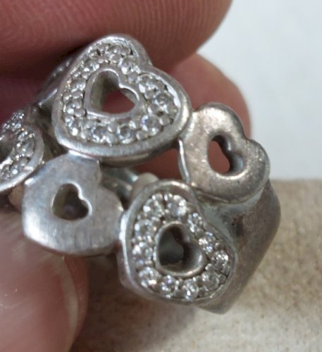 Ancienne bague décor coeurs, en argent massif, Ti Sento ^