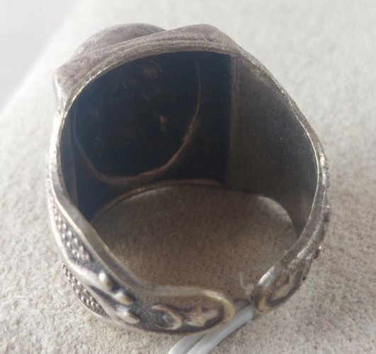 Ancienne bague, décor tête de mort / Biker, ajustable, en métal argenté ^