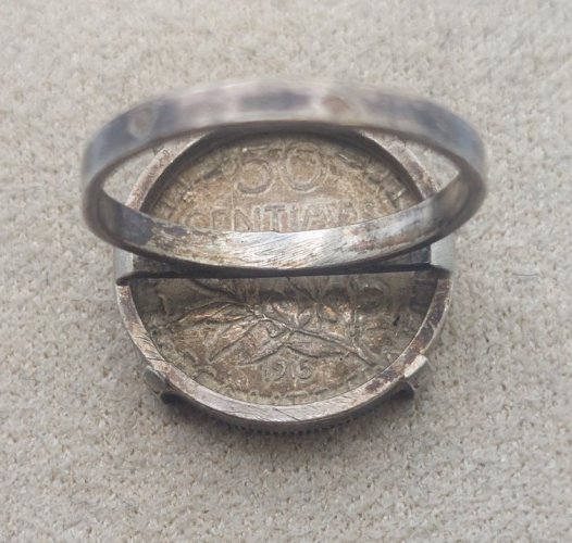 Ancienne bague, pièce de monnaie, 50 centimes semeuse, 1915, en argent