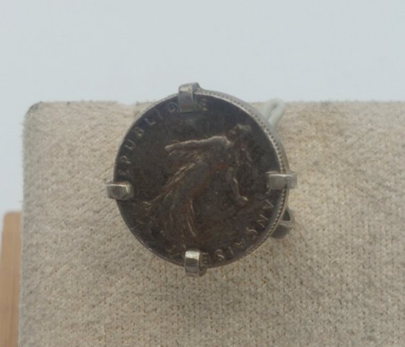 Ancienne bague, pièce de monnaie, 50 centimes semeuse, 1915, en argent