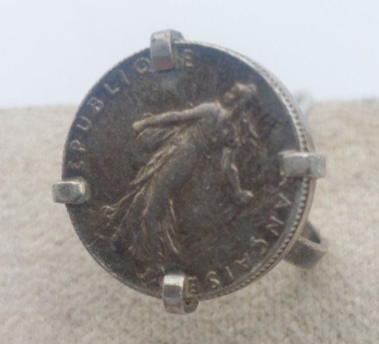 Ancienne bague, pièce de monnaie, 50 centimes semeuse, 1915, en argent
