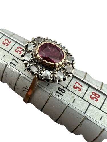 Ancienne Bague Pompadour 19 Eme Siecle Rubis -diamants-or 18kt -argent -55 FR