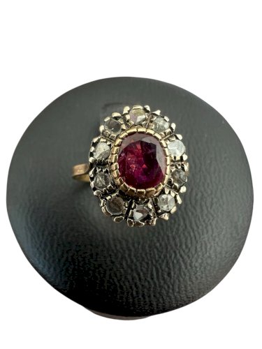 Ancienne Bague Pompadour 19 Eme Siecle Rubis -diamants-or 18kt -argent -55 FR