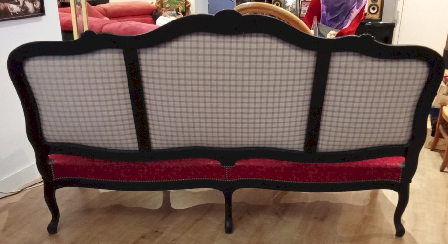 Ancienne Banquette Salon Napoléon 3 Style Louis XV 15 Velours Rouge Bois Noirci