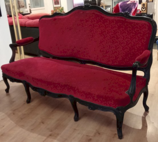 Ancienne Banquette Salon Napoléon 3 Style Louis XV 15 Velours Rouge Bois Noirci