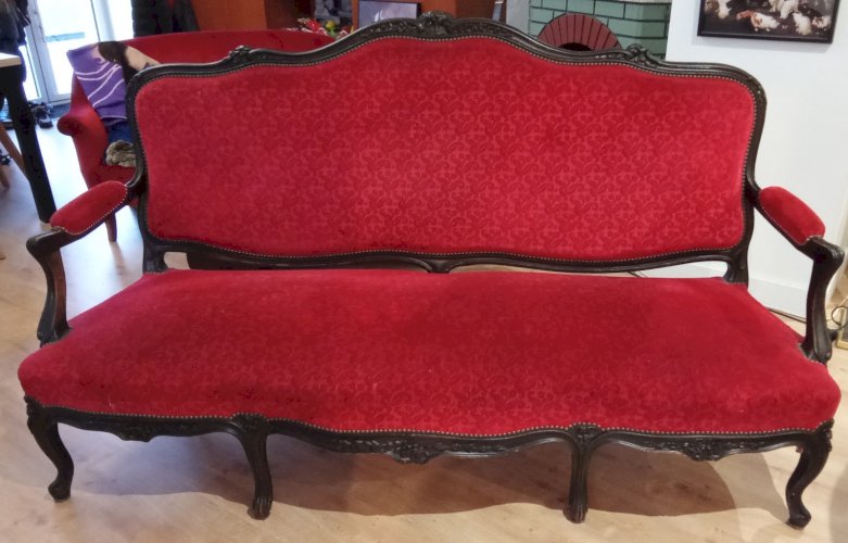 Ancienne Banquette Salon Napoléon 3 Style Louis XV 15 Velours Rouge Bois Noirci