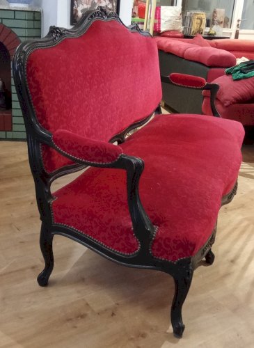 Ancienne Banquette Salon Napoléon 3 Style Louis XV 15 Velours Rouge Bois Noirci