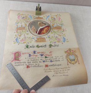 Ancienne bénédiction apostolique sur parchemin, Pape Pie XII, mariage 1951