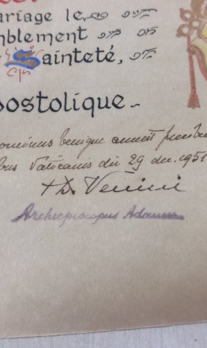 Ancienne bénédiction apostolique sur parchemin, Pape Pie XII, mariage 1951