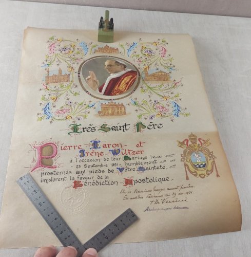 Ancienne bénédiction apostolique sur parchemin, Pape Pie XII, mariage 1951