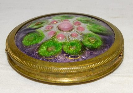 - ANCIENNE BOITE A POUDRE POUDRIER COUVERCLE EMAILLE EMAIL EN EPAISSEUR MIROIR D