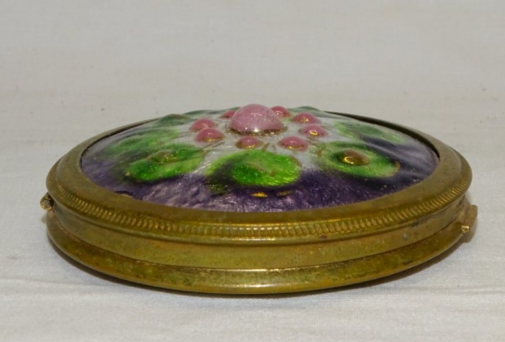- ANCIENNE BOITE A POUDRE POUDRIER COUVERCLE EMAILLE EMAIL EN EPAISSEUR MIROIR D