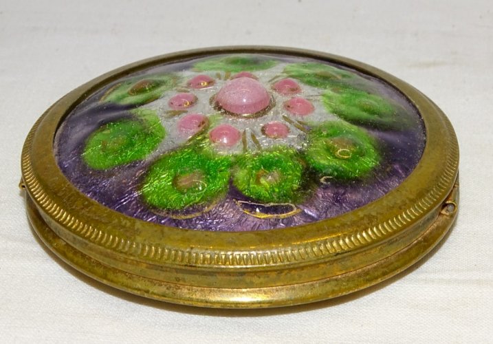 - ANCIENNE BOITE A POUDRE POUDRIER COUVERCLE EMAILLE EMAIL EN EPAISSEUR MIROIR D