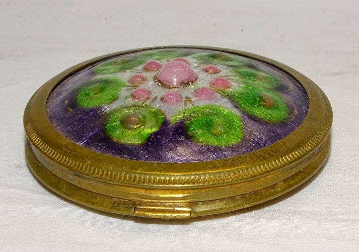 - ANCIENNE BOITE A POUDRE POUDRIER COUVERCLE EMAILLE EMAIL EN EPAISSEUR MIROIR D