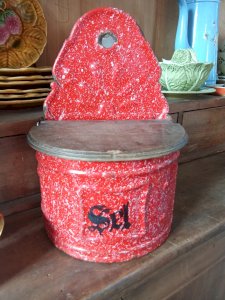 Old Enamelled Red and White Salt Box Vintage Kitchen