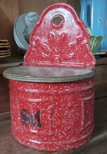 Ancienne Boite à Sel Tole Émaillée Rouge blanc Cuisine Ancienne Vintage