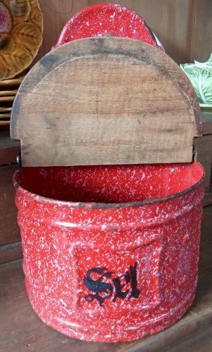 Ancienne Boite à Sel Tole Émaillée Rouge blanc Cuisine Ancienne Vintage