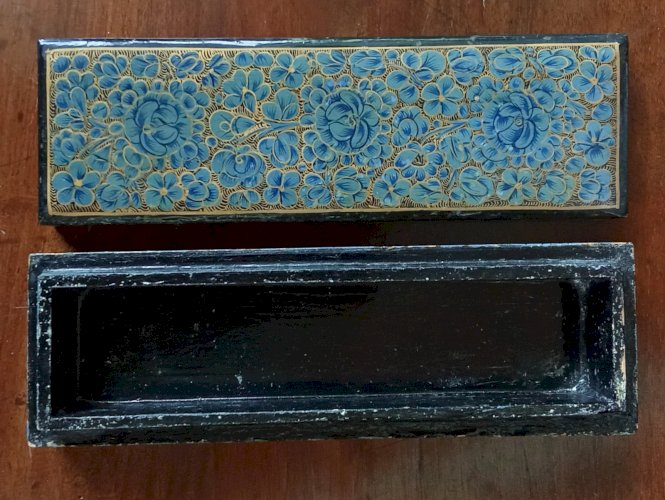 Ancienne boite à stylo/ plumier /boîte écriture Napoléon III Décor Floral Bleu