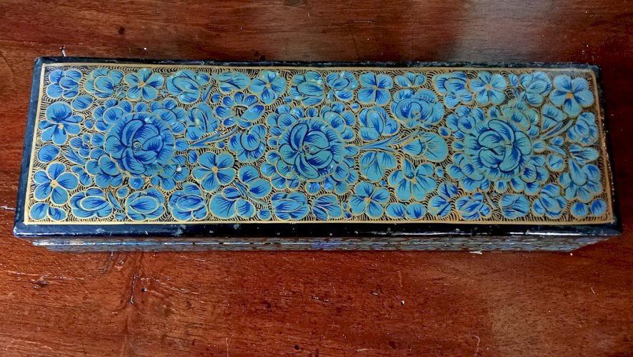 Ancienne boite à stylo/ plumier /boîte écriture Napoléon III Décor Floral Bleu
