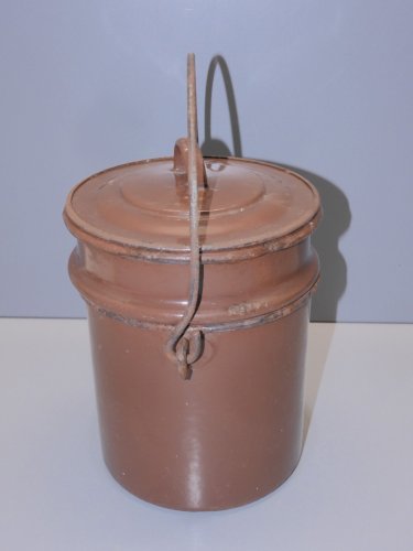 -ANCIENNE BOITE GAMELLE REPAS 2 COMPARTIMENTS EMAILLEE MARRON INTERIEUR BLEU   D