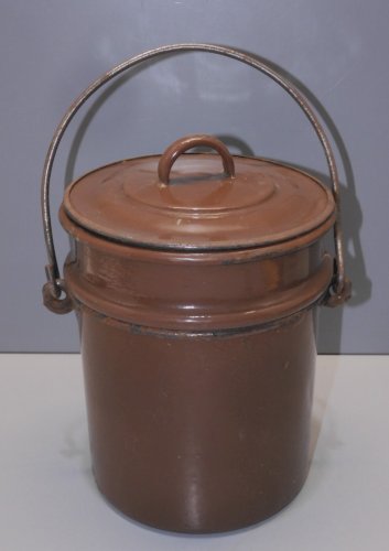 -ANCIENNE BOITE GAMELLE REPAS 2 COMPARTIMENTS EMAILLEE MARRON INTERIEUR BLEU   D