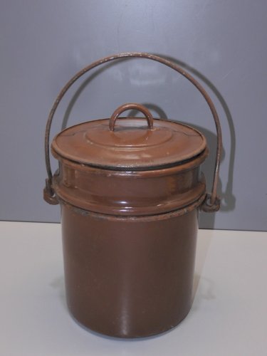 -ANCIENNE BOITE GAMELLE REPAS 2 COMPARTIMENTS EMAILLEE MARRON INTERIEUR BLEU   D