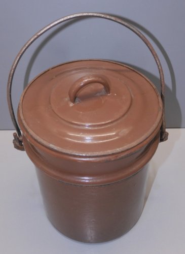 -ANCIENNE BOITE GAMELLE REPAS 2 COMPARTIMENTS EMAILLEE MARRON INTERIEUR BLEU   D