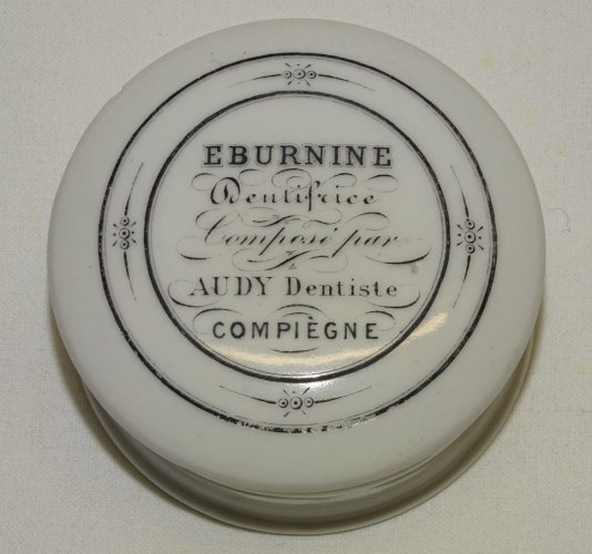 -ANCIENNE BOITE PORCELAINE DENTIFRICE EBURNINE AUDY DENTISTE COMPIEGNE