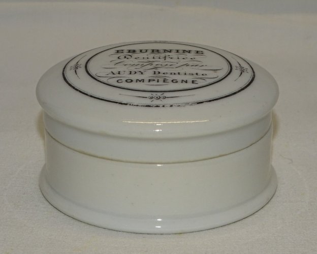 -ANCIENNE BOITE PORCELAINE DENTIFRICE EBURNINE AUDY DENTISTE COMPIEGNE