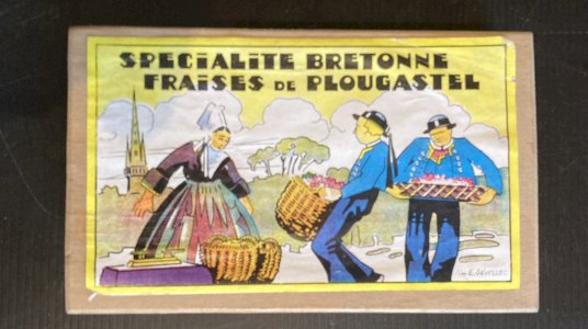 old wooden advertising box Plougastel strawberries J. Sévellec Brittany
