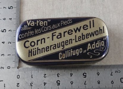 Ancienne boîte publicitaire en tôle, Va-t'en, Corn Farewell, Califugo Addio